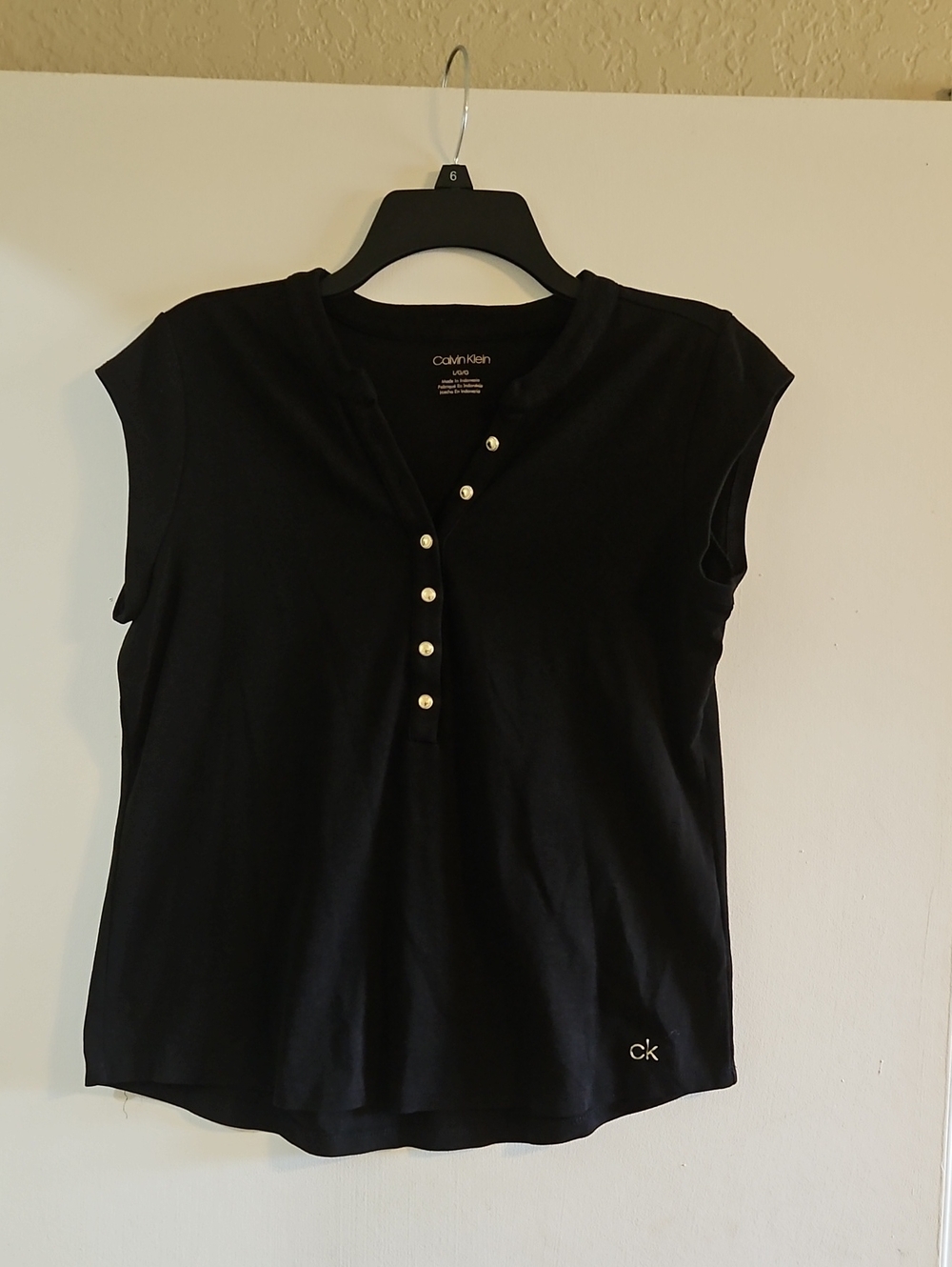 Calvin Klein Black Sleeveless Henley Tank with Pearl Buttons